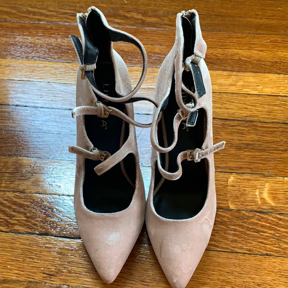 Pink velvet heels, never worn